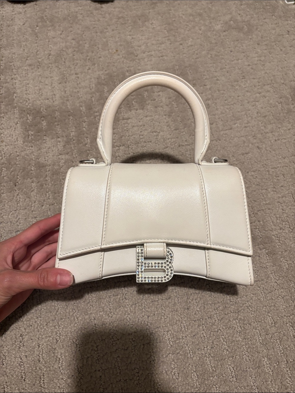Balenciaga White Small Hourglass Top Handle Bag with Crystal B